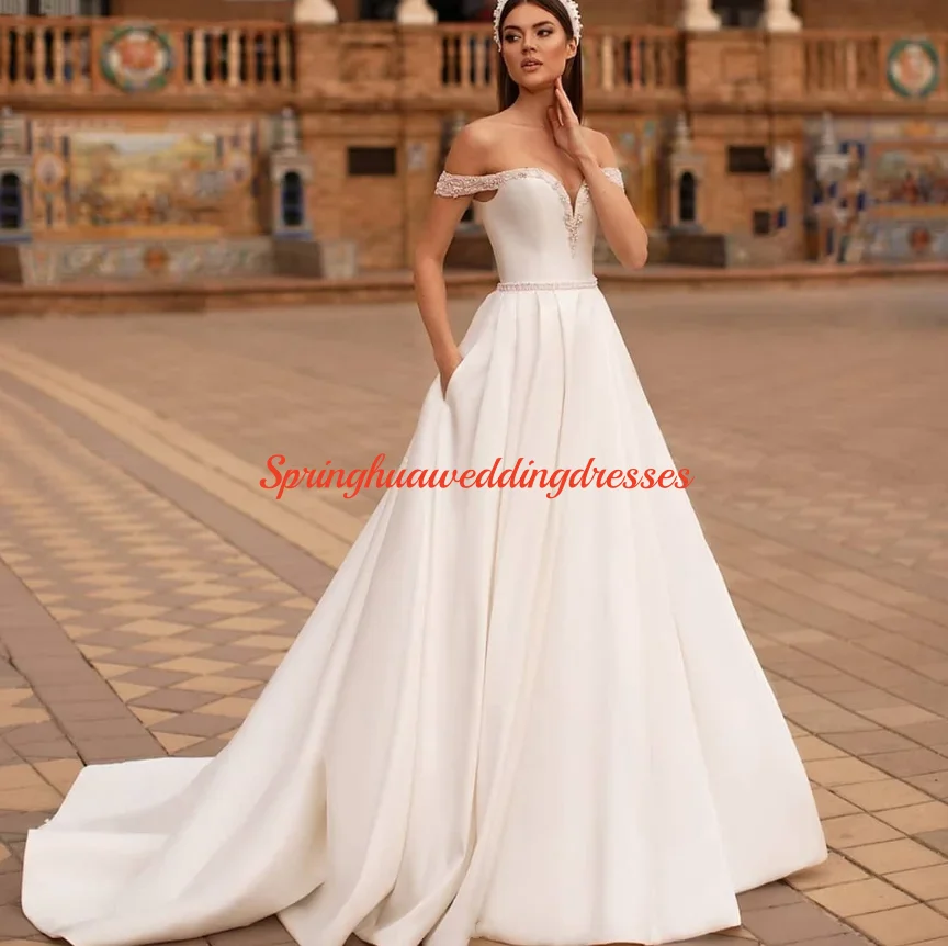 Customized Elegant White Women Strapless Lace-up Wedding Dresses Bridal Gowns V-Neck A-Line Dresses Vestidos De Novia