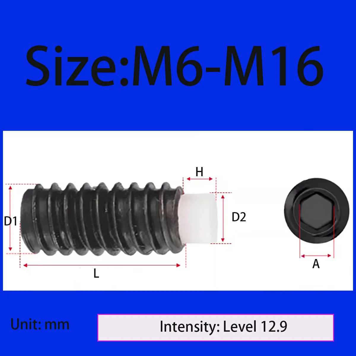 12.9 grade rubber head set screw/high-strength tightening plunger black Pom top bolt fastener M6-M16