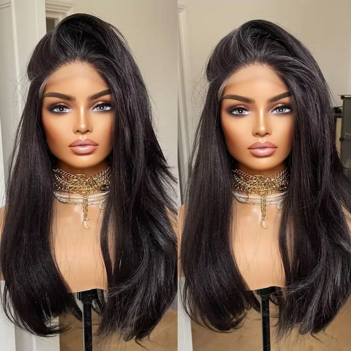 

Black Wig Bone Straight Lace Front Wig 13X4 Pre Plucked HD Lace Wigs Glueless High Quality Synthetic Lace Frontal Wigs On Sale
