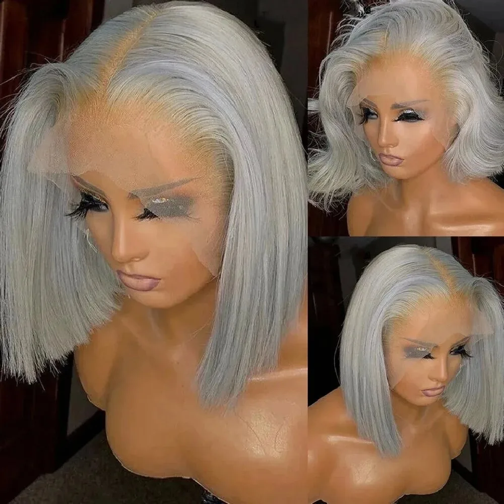 Grey Bob Wigs Synthetic 13x4 Lace Front Wig Glueless Brazilian Straight for Women Pre Plucked Natural Hairline 180 Density