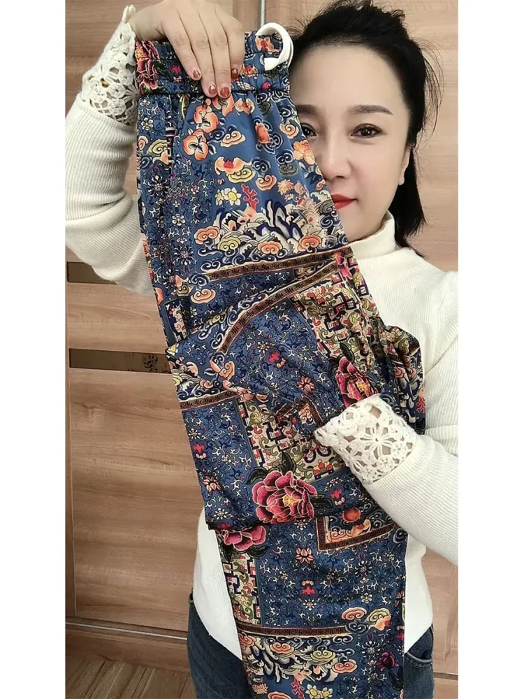 

plus Size Ice Silk Floral Pants Women's Loose Slimming Nine-Piece Ultra-Thin Breathable Summer ake-High Waist Cool Pants