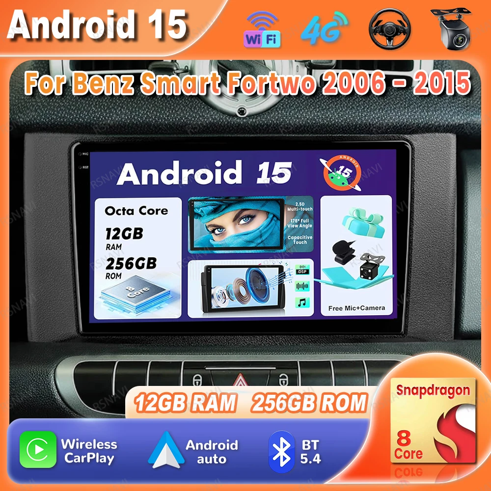 

Автомобильный радиоприемник Android 15 для Benz Smart Fortwo 2006-2015, мультимедийный беспроводной Carplay, автонавигация QLED DSP, стерео авторадио, GPS