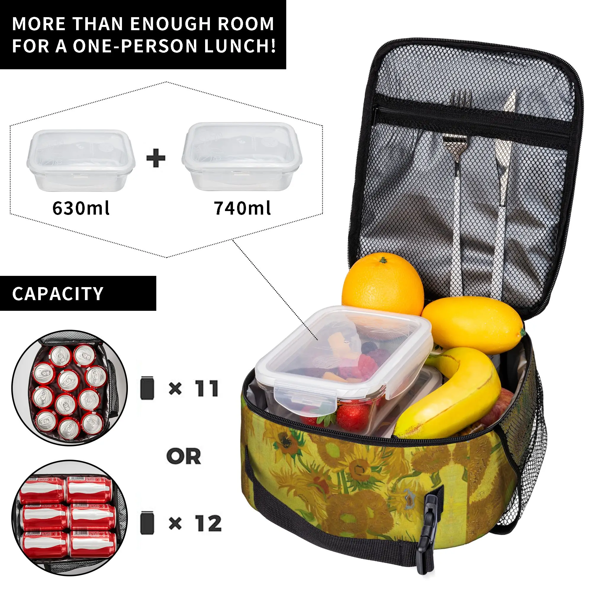 Vincent Van Gogh Sunflowers Tote Thermal Cooler Bag Famous oil painting Lightweight Insulated Lunch Bags Food Bento Box Outdoor