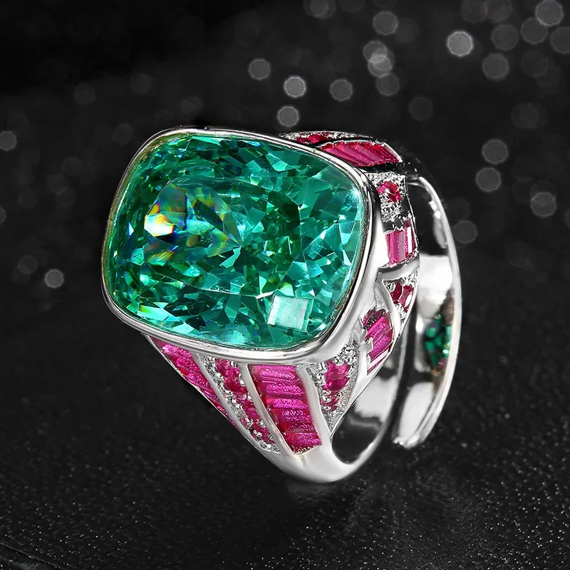 Stunning Luxury Adjustable Cushion Shaped Square Green Blue Gemstone Ring for Women Jewelry Wedding Anniversary Accessories Gift