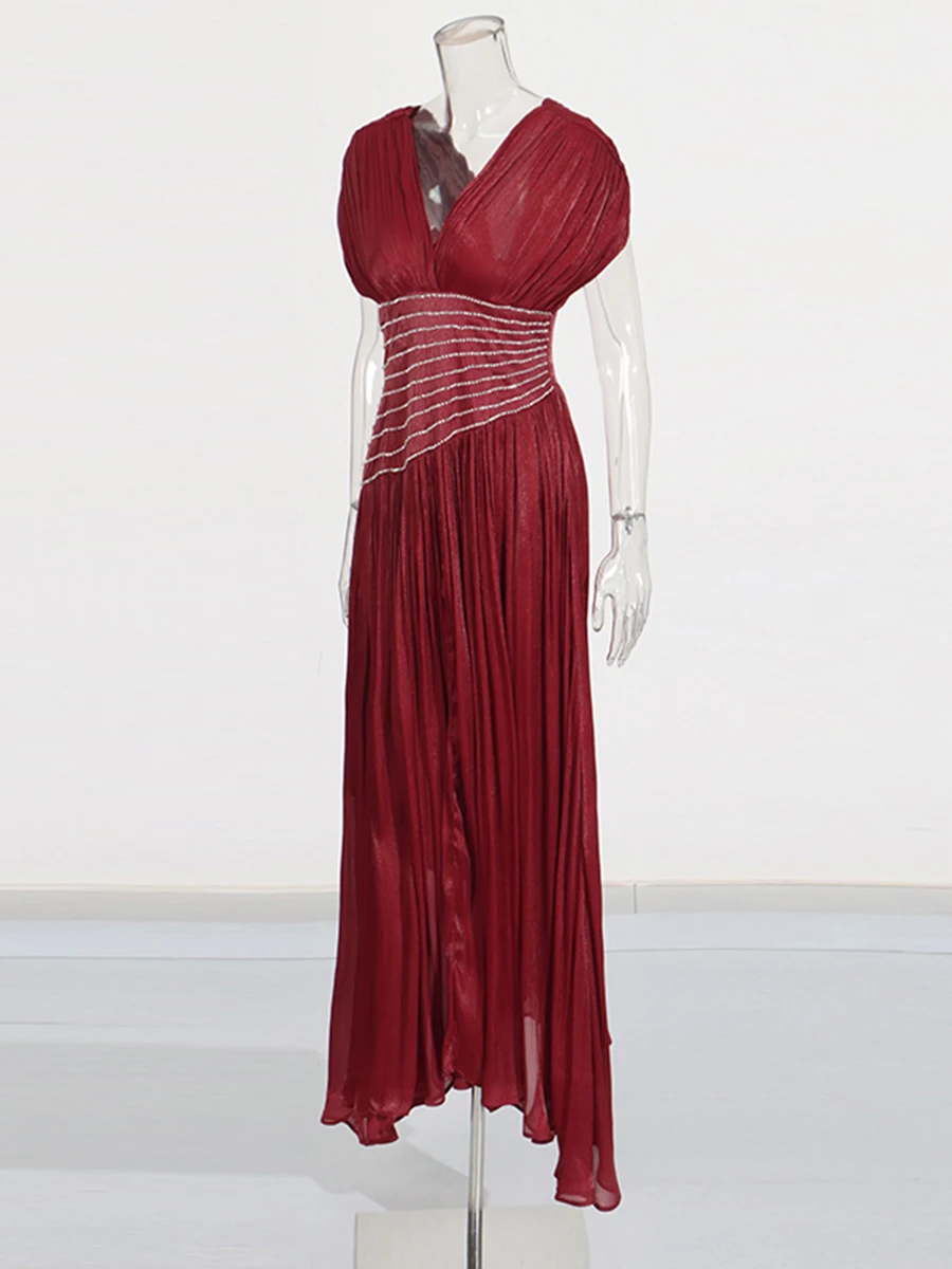 CHICEVER-vestido liso con pliegues empalmados para mujer, cuello en V, manga corta, adelgazante, estilo playero, ropa nueva de moda de otoño