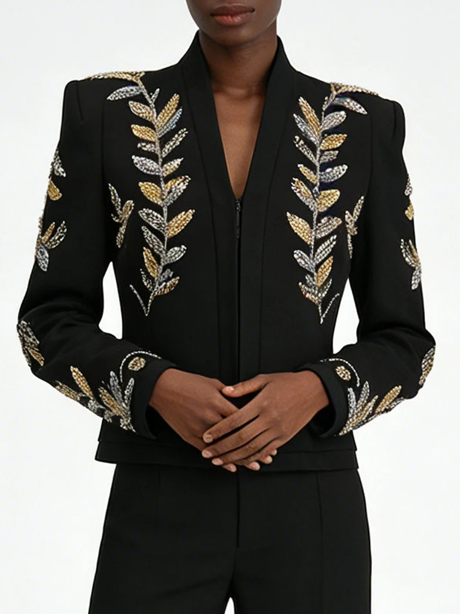 VGH Temperament Gorgeous Solid Blazers For Women V Neck Long Sleeve Spliced Diamonds Elegant Slimming Jacket Female Fashion New