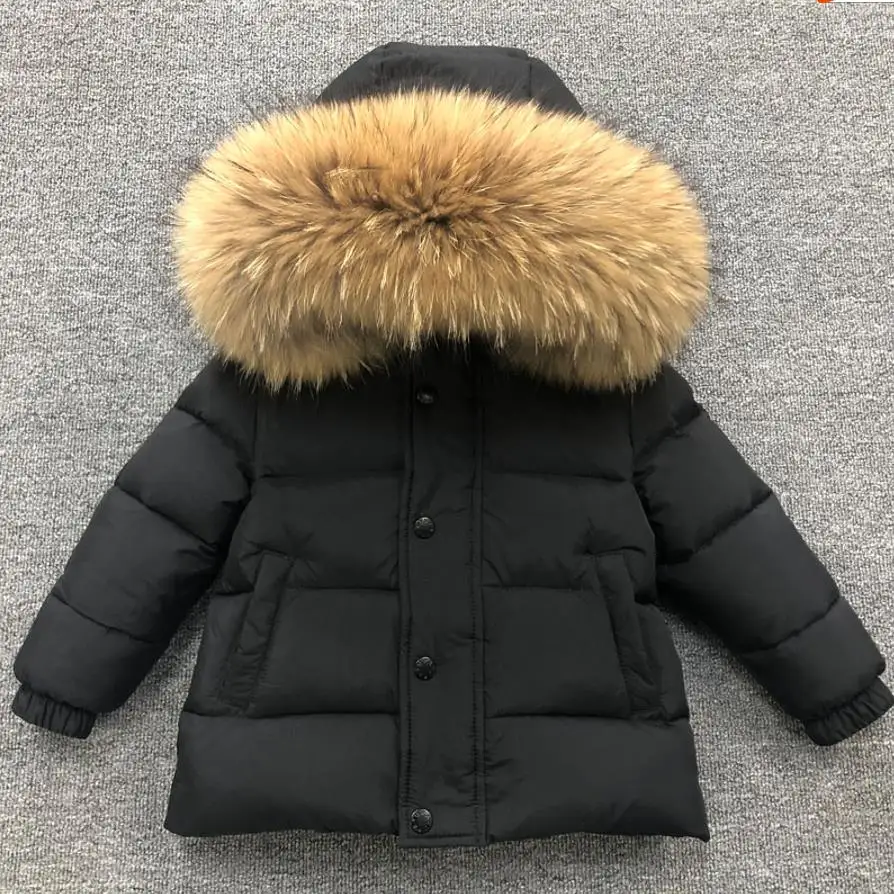 New Russian Winter Down Jacket 90% White Duck Down Coat Big Real Fur Collar Thicker Children Hooded Parka Kids Down Coat Wz964