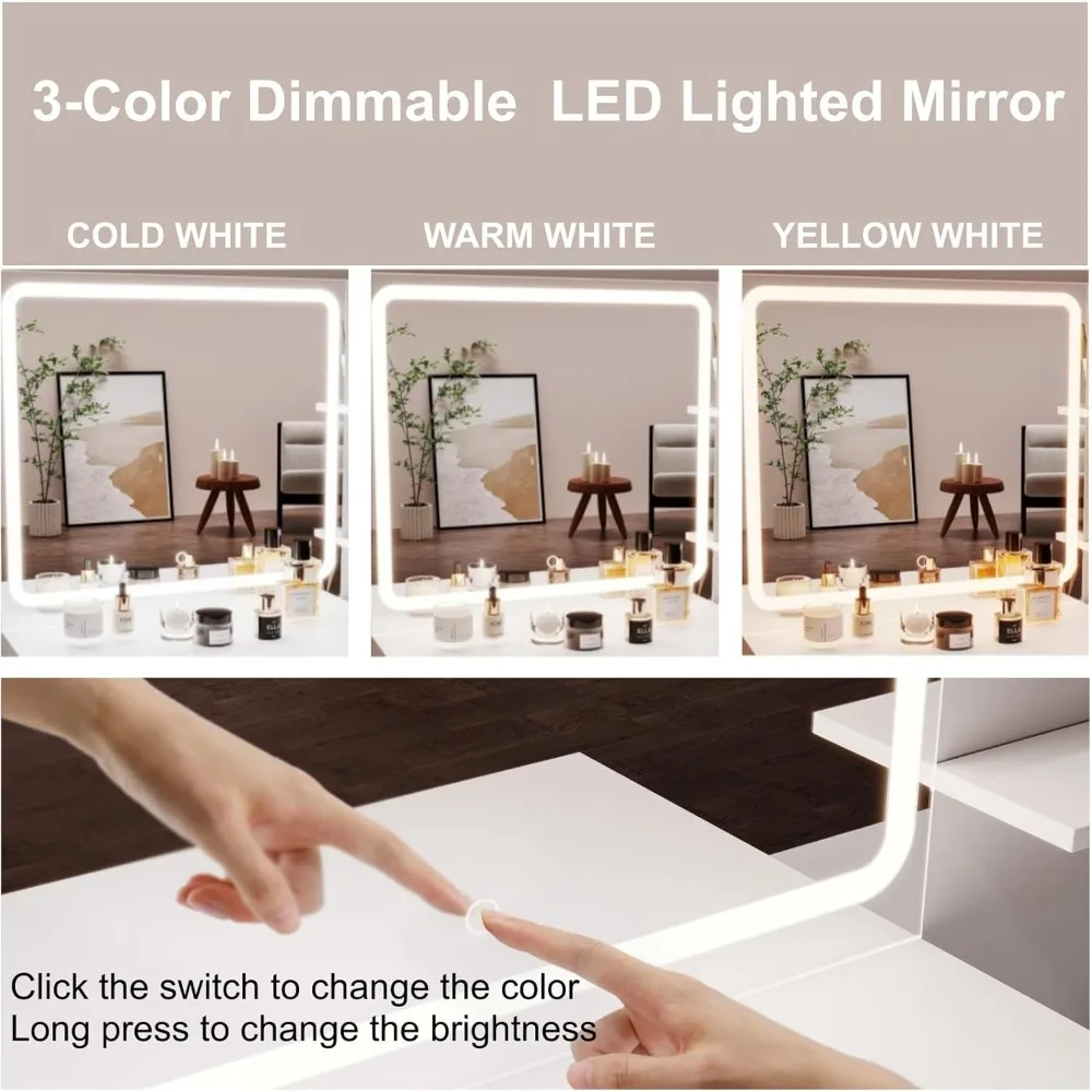 Dresser with 3-color dimmable illuminated mirrors with side storage shelves and 4 drawers for adjustable brightness