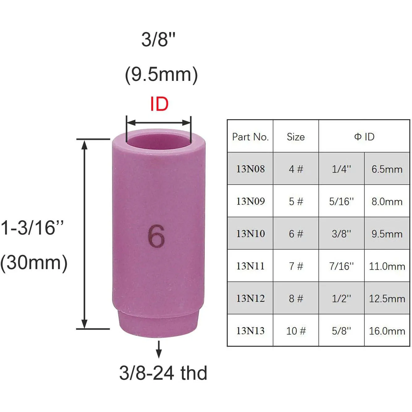 Ceramic 13N10 6# Alumina Shield Cup TIG Welding Torch Nozzle Fits For WP-9 20 25 Pack of 10