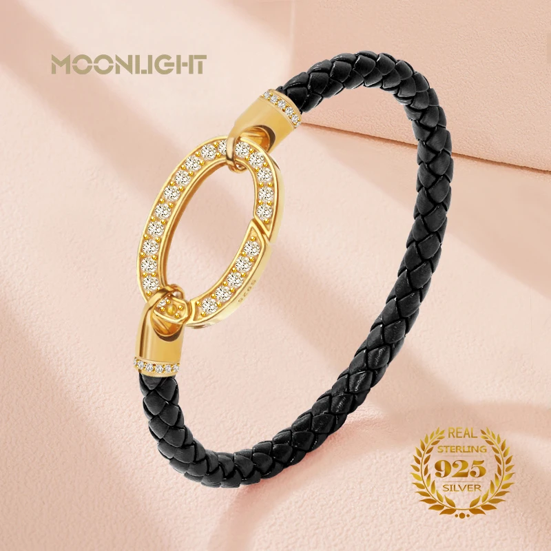 

Classic Design 100% S925 Sterling Silver Bracelet for Women Genuine Braided Leather Bracelet 18k Gold Plated Female Jewelry Gift