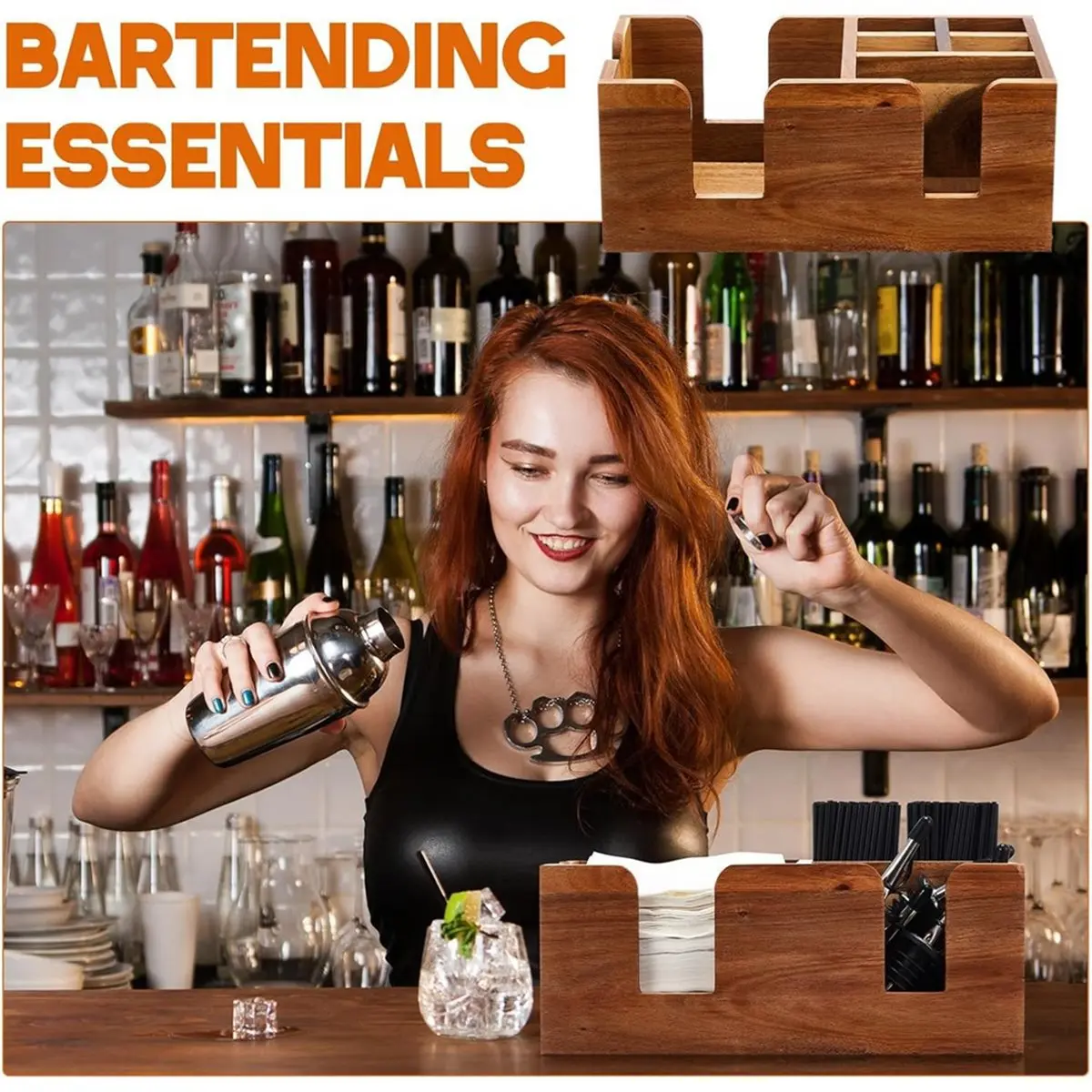 Wooden Bar with 6 Compartments, Wood Bar Napkin & Straw Organizer Cocktail Napkin Holder Condiments