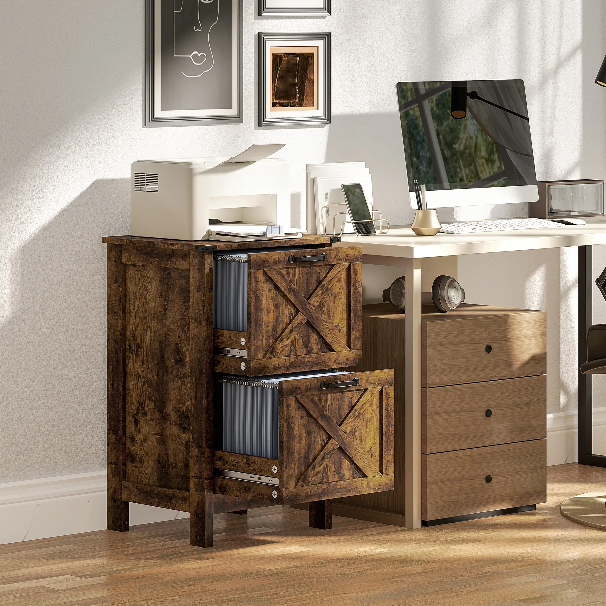 Homcom 2 Drawer Vertical File Cabinet, Silent Slides, Rustic Brown