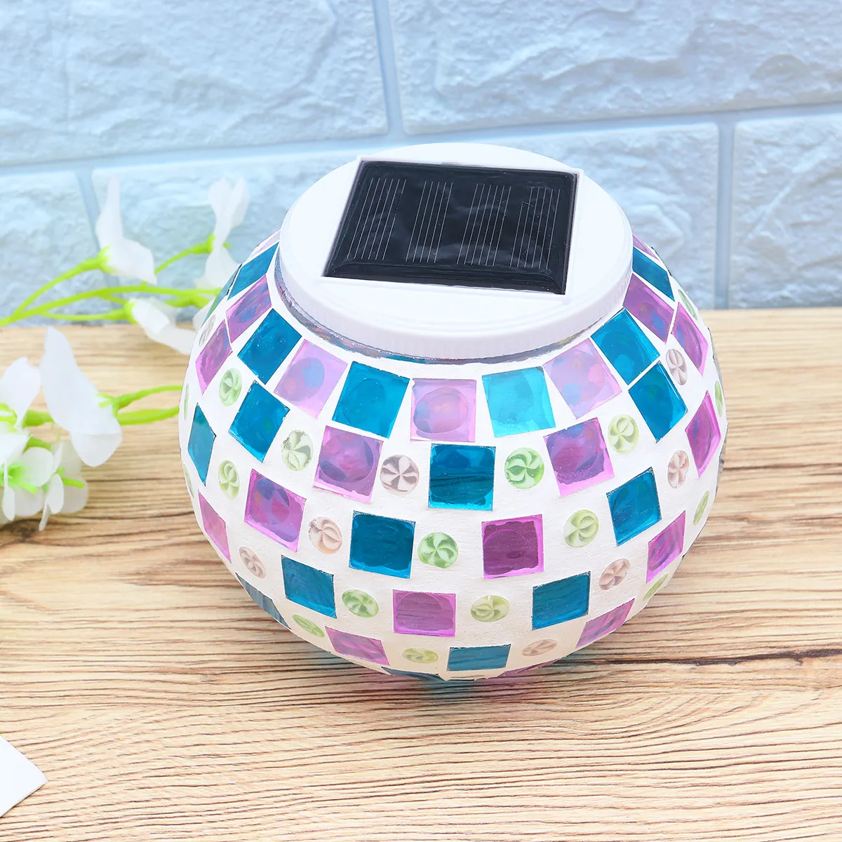 Mosaic Glass Solar Powered Lamp Red Blue LED Waterproof Outdoor Garden Light Jar Lamp Romantic Indoor Decoration