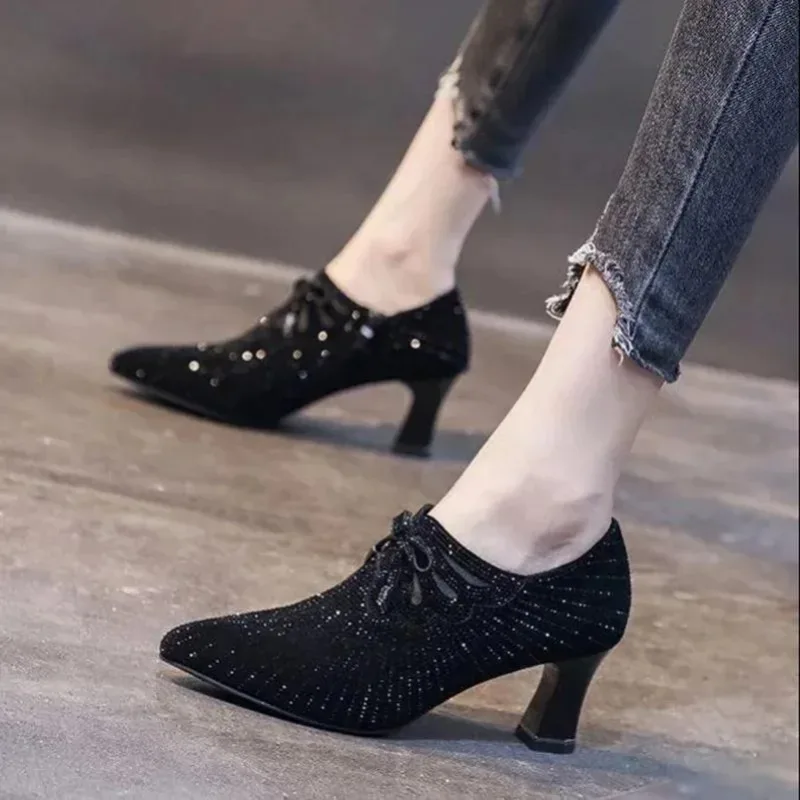 2024Pointed Toe Heels Women\'s Colored Diamond Bow Knot Shallow Mouth Side Zipper Thick Heel Commuting New Fashion Spring Autumn