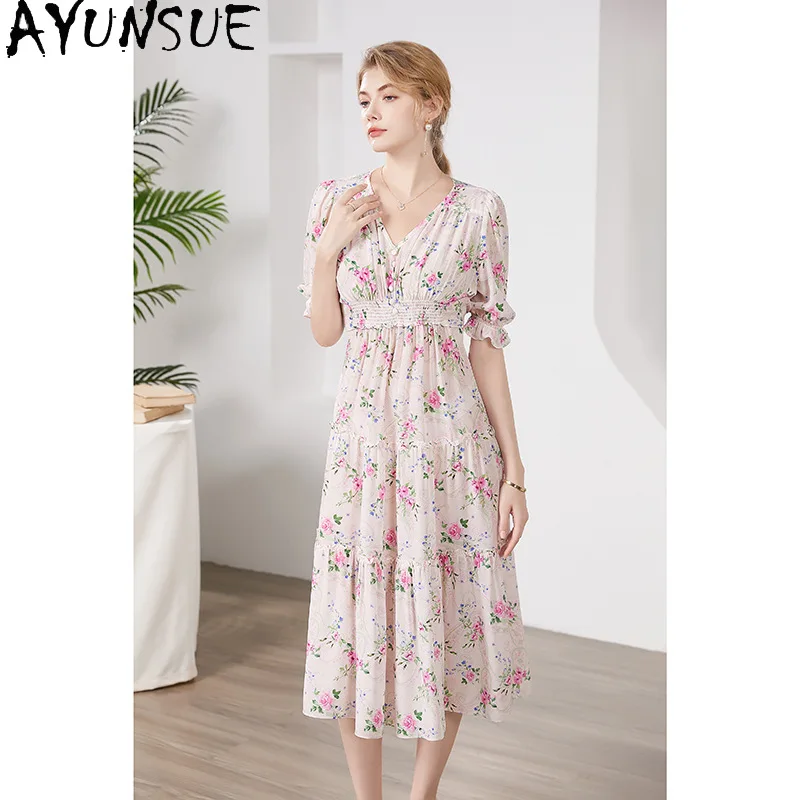 AYUNSUE 100 % natürliche Maulbeerseide, Partykleid, Damenkleidung, elegante Damenkleider, modisches Sommerkleid mit Blumenmuster, Платье