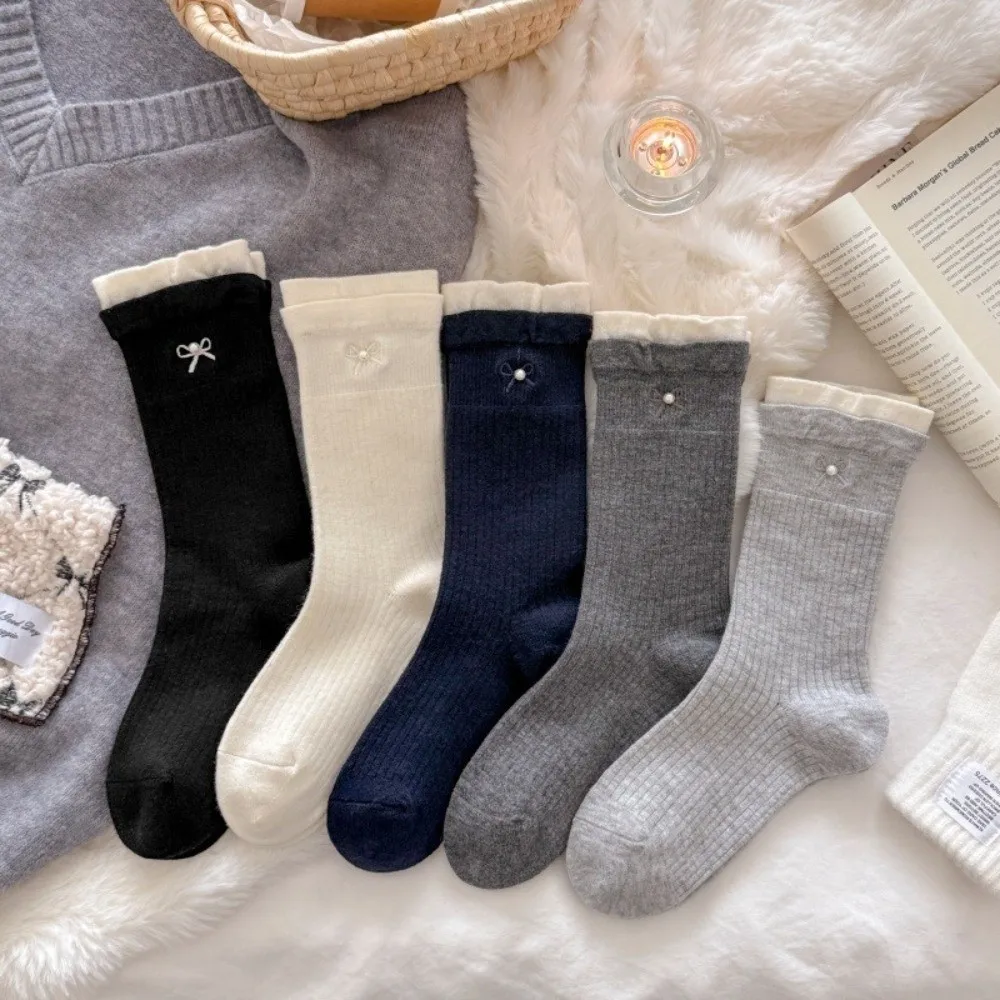 

Модные милые носки средней длины с бантом, утепленные теплые длинные носки, удобные носки с рюшами, осень-зима