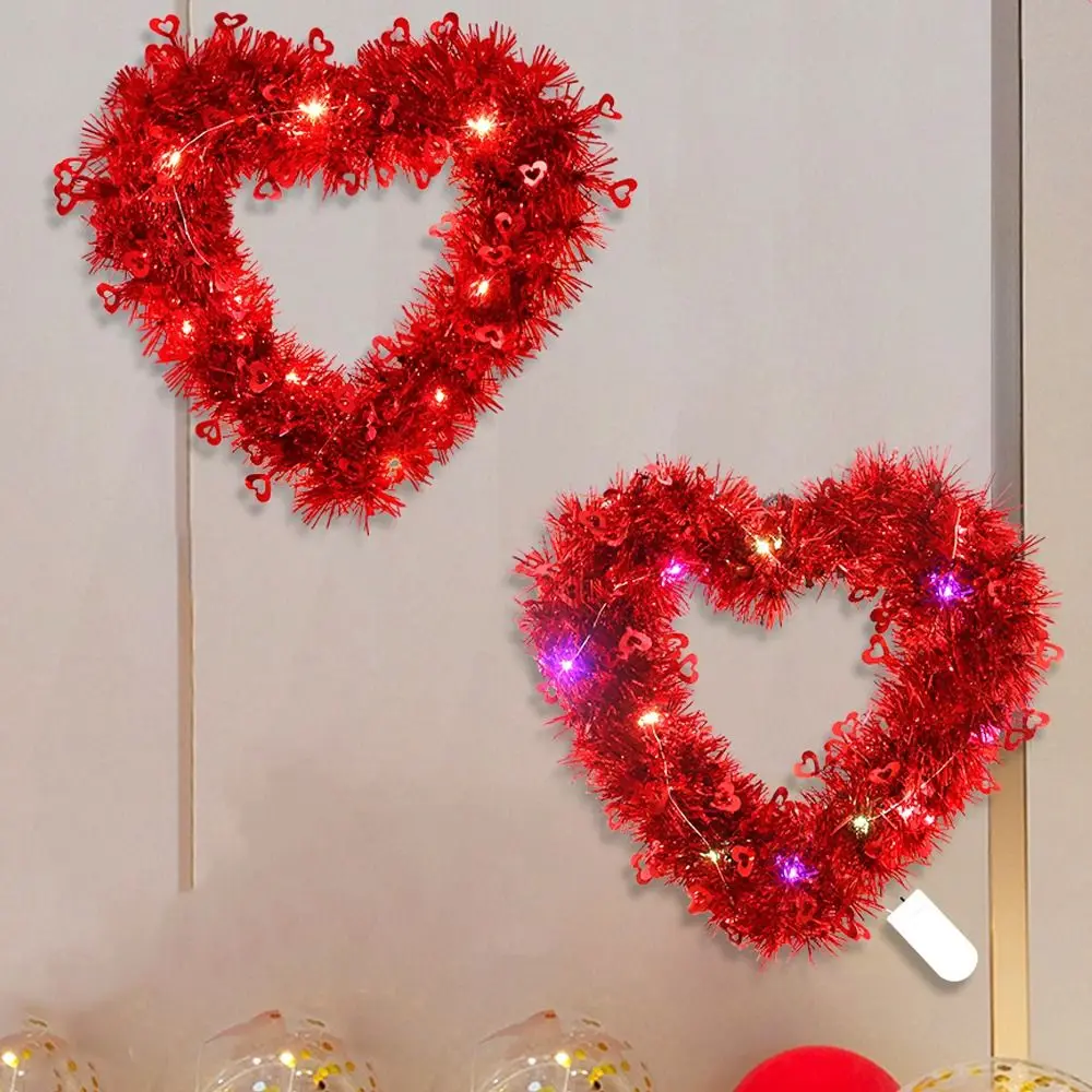 Romantic Red Heart Shaped Wreath Hanging LED Light Front Door Sign Garland Glowing Valentine's Day Love Wreaths Anniversary