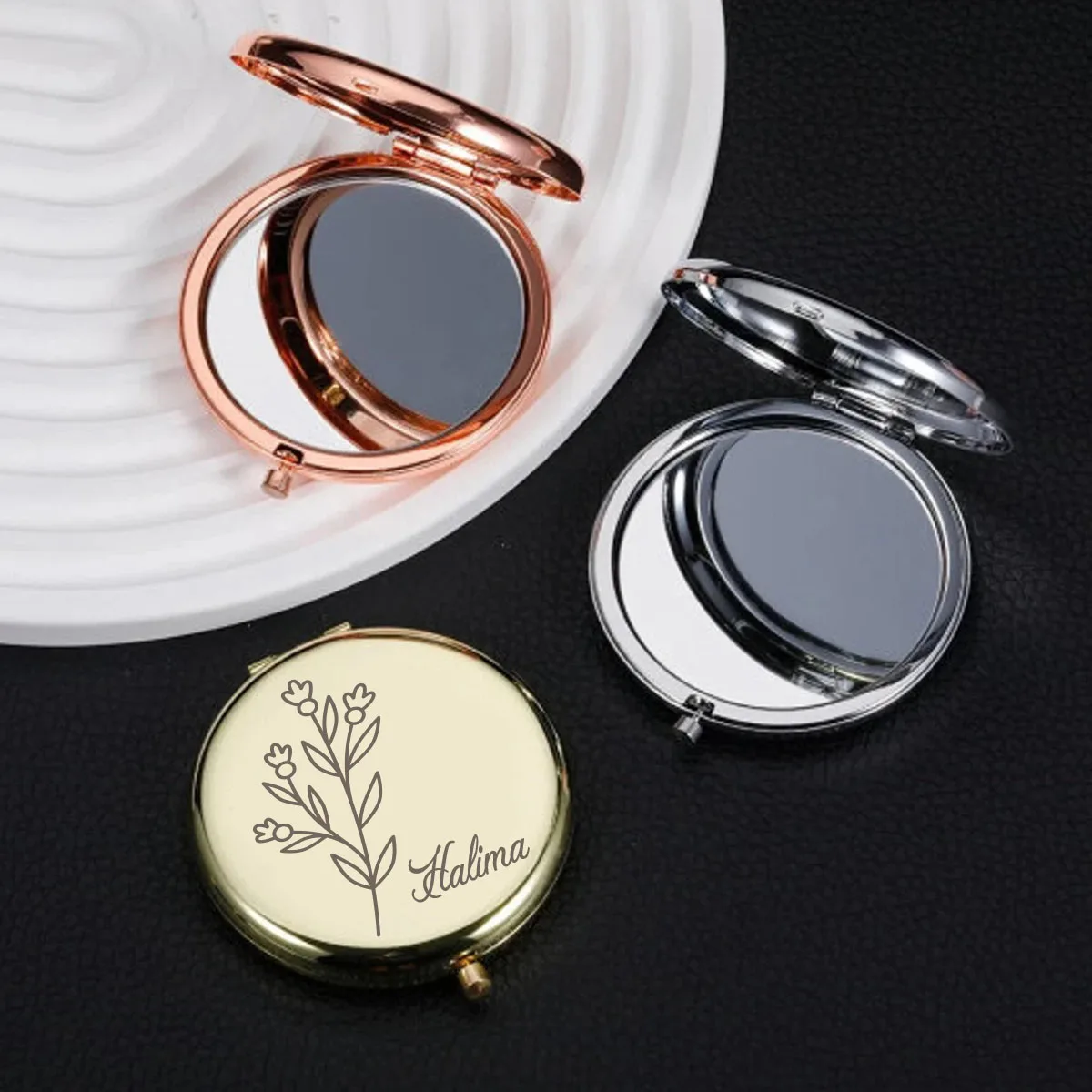 1pc Cartoon nice flower Custom Name Round Circle Mirror Folding Mirror Makeup Mirror Pocket Mirror Birthday Gift