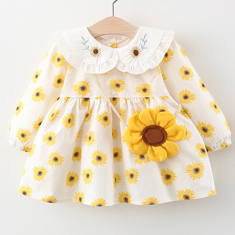 Conjunto de ropa de 2 piezas para niña pequeña, Vestido de manga larga con estampado de flores y Bolsa, cuello de muñeca lindo coreano, vestidos de