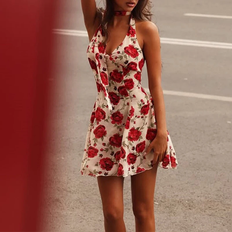 BKLD – robe courte trapèze, Sexy, imprimé Rose douce, col en V, taille haute, sans manches, dos nu, Chic, Vintage, vacances, Streetwear