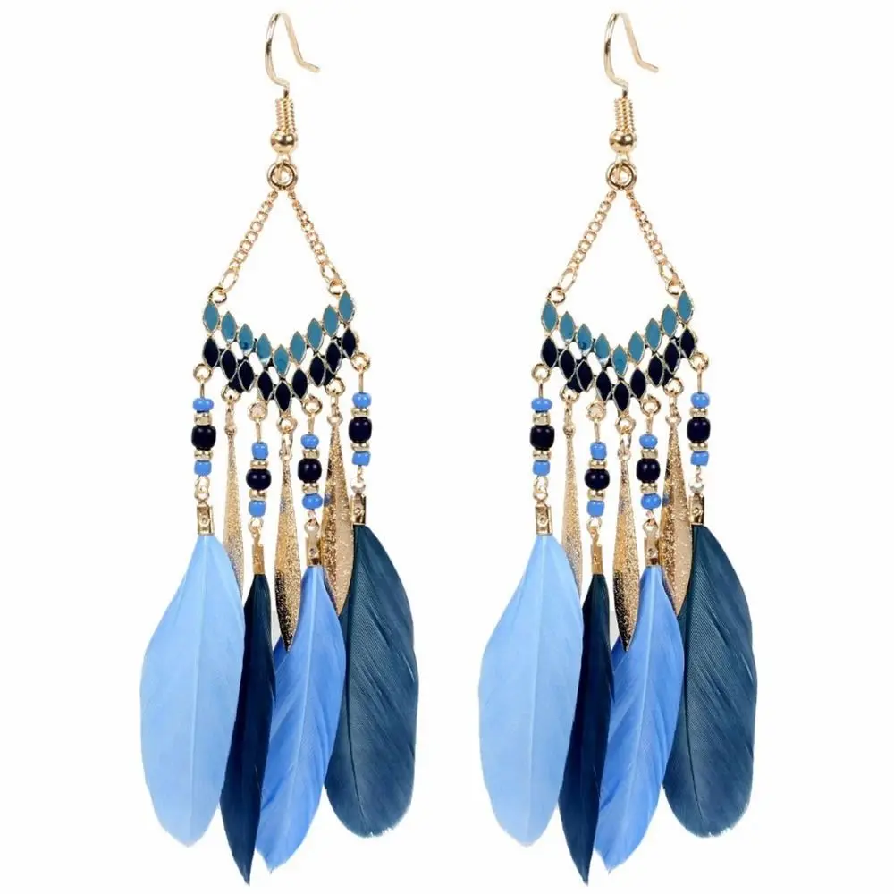 Bohemia Style Bohemian Feather Dangle Earrings Ethnic Style Bright Colors Feather Tassel Earrings Long Tassel Zinc Alloy