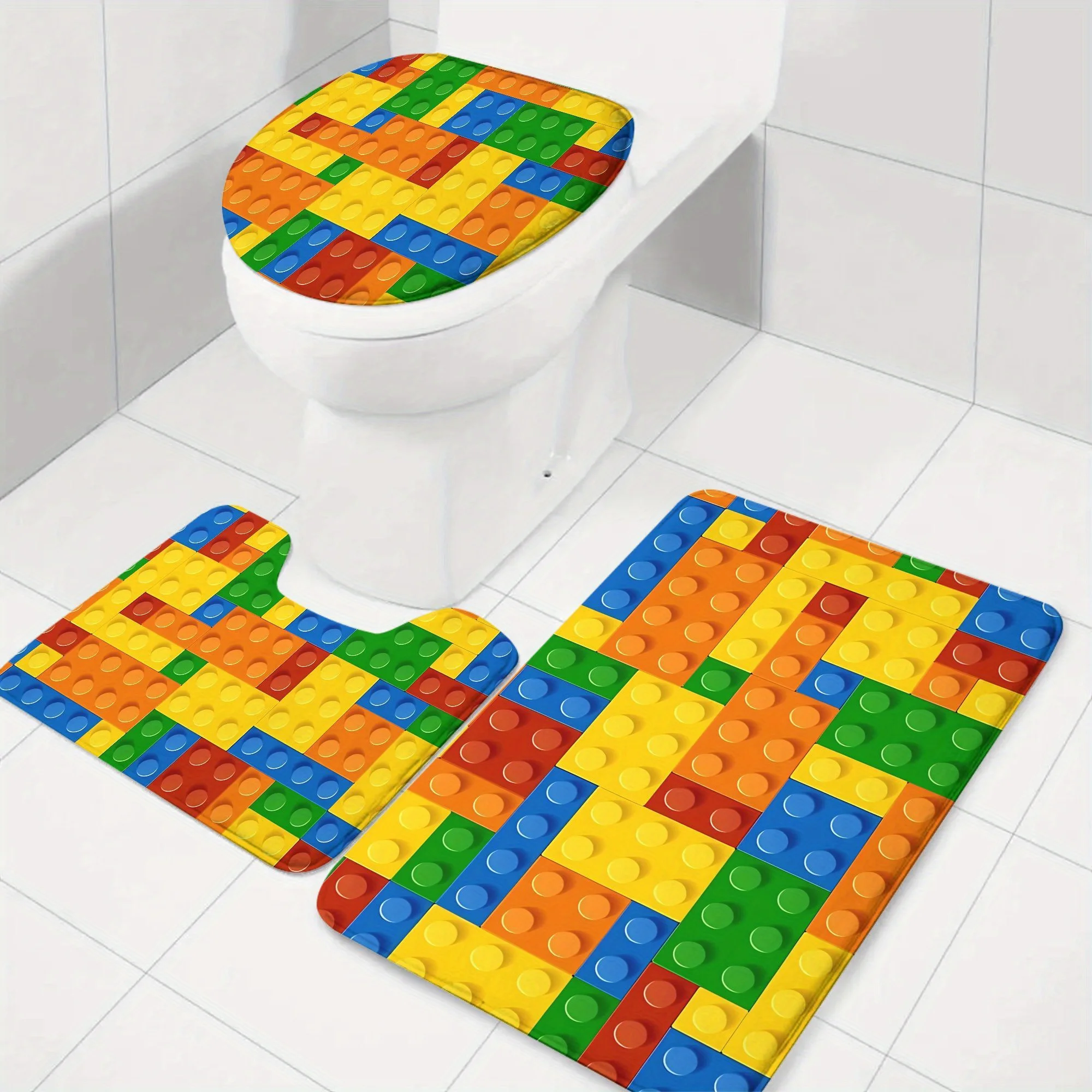 

Набор для ванной из трех предметов: коврик, накладка на крышку унитаза и U-образный коврик из мягкого фланеля, нескользящий, для компактного декора ванной комнаты