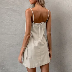 Original Backless Design Camisole Dress Spring and Summer Women's Fashion Straight Leg Waist Pocket Cotton Linen Camisole Dress