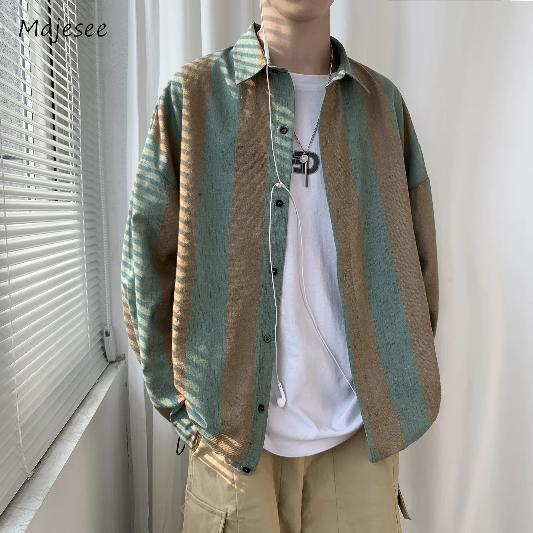 

Striped Shirts Men Loose Baggy Hipster Streetwear Simple Turn-down Collar Long Sleeve Spring Autumn Minimalist Popular Tender