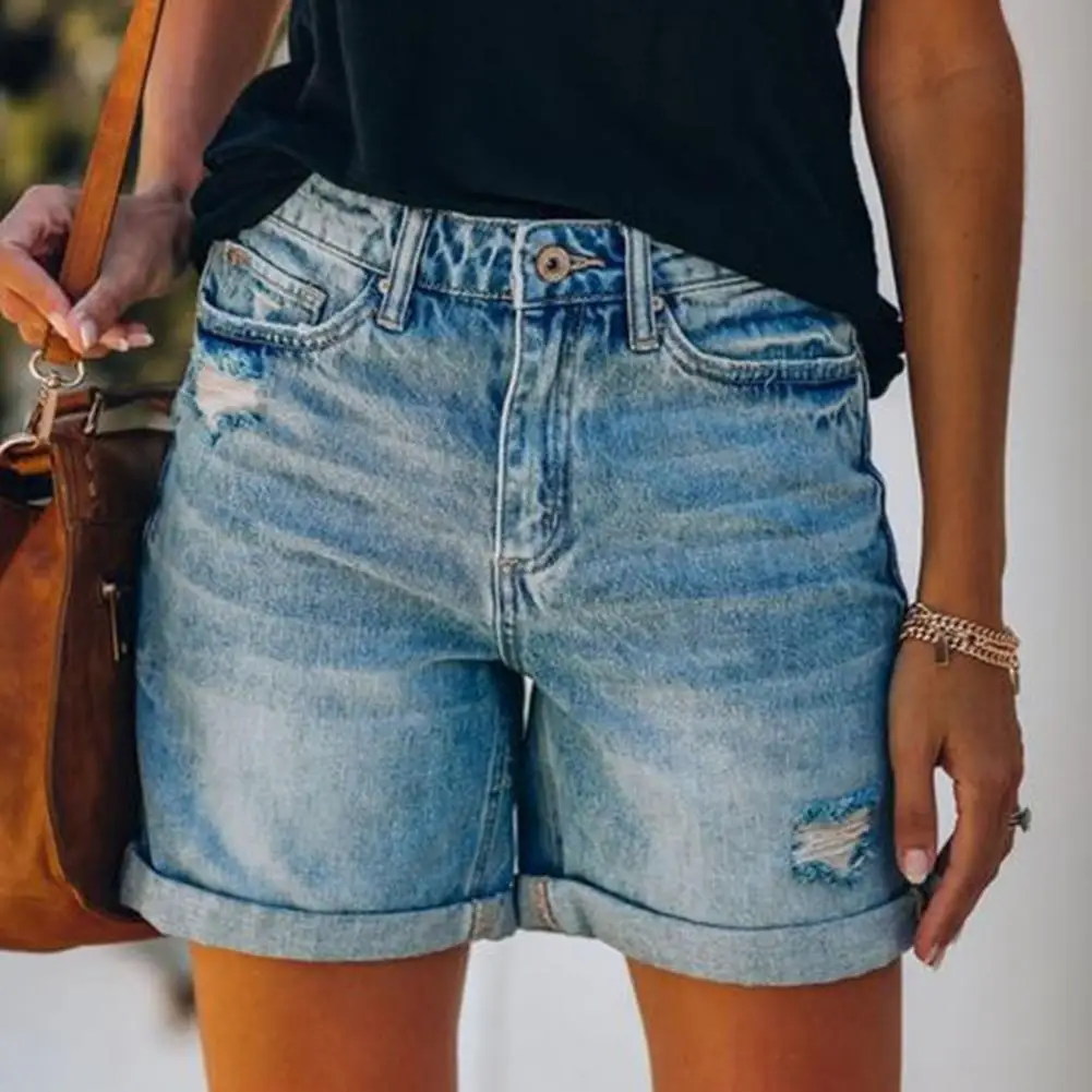 Fashionable Buttoned Denim Shorts Jeans Shorts Women's High Waisted Distressed Denim Shorts with Pockets for Summer