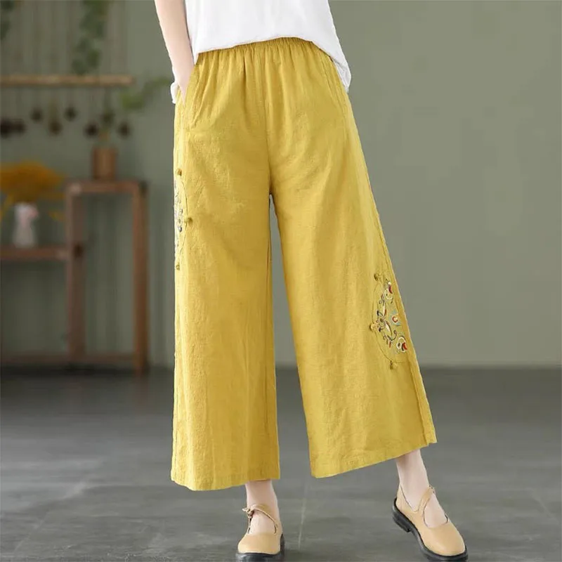 Fashion Women Embroidery High Waist Oversized Pants Summer Cotton Hemp Thin Elastic Band Loose Wide Leg Casual Straight Trousers