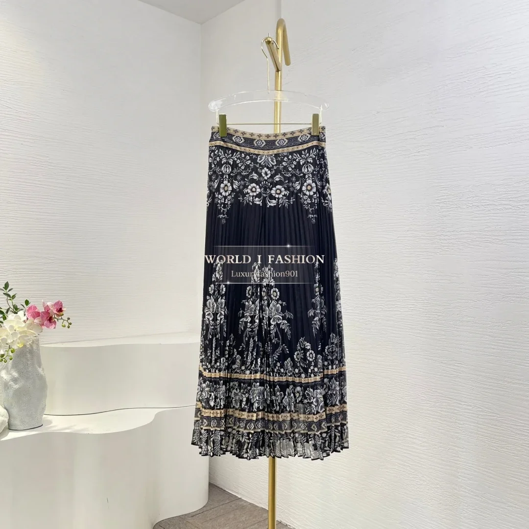 

Black Floral Print Long Sleeve Lantern Sleeve Pleat See Through Blouse Tops and Midi Skirt Set 2025 New Design