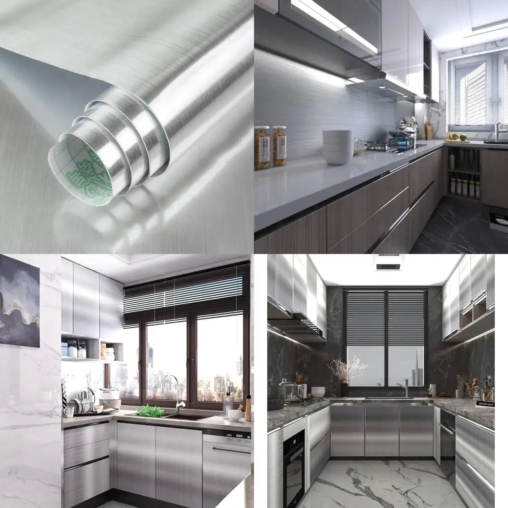 ورق اتصال من الفولاذ المقاوم للصدأ للأجهزة - عريض جدًا 31.5 × 354 ورق جدران من الفينيل المعدني الفضي قابل للتقشير واللصق
