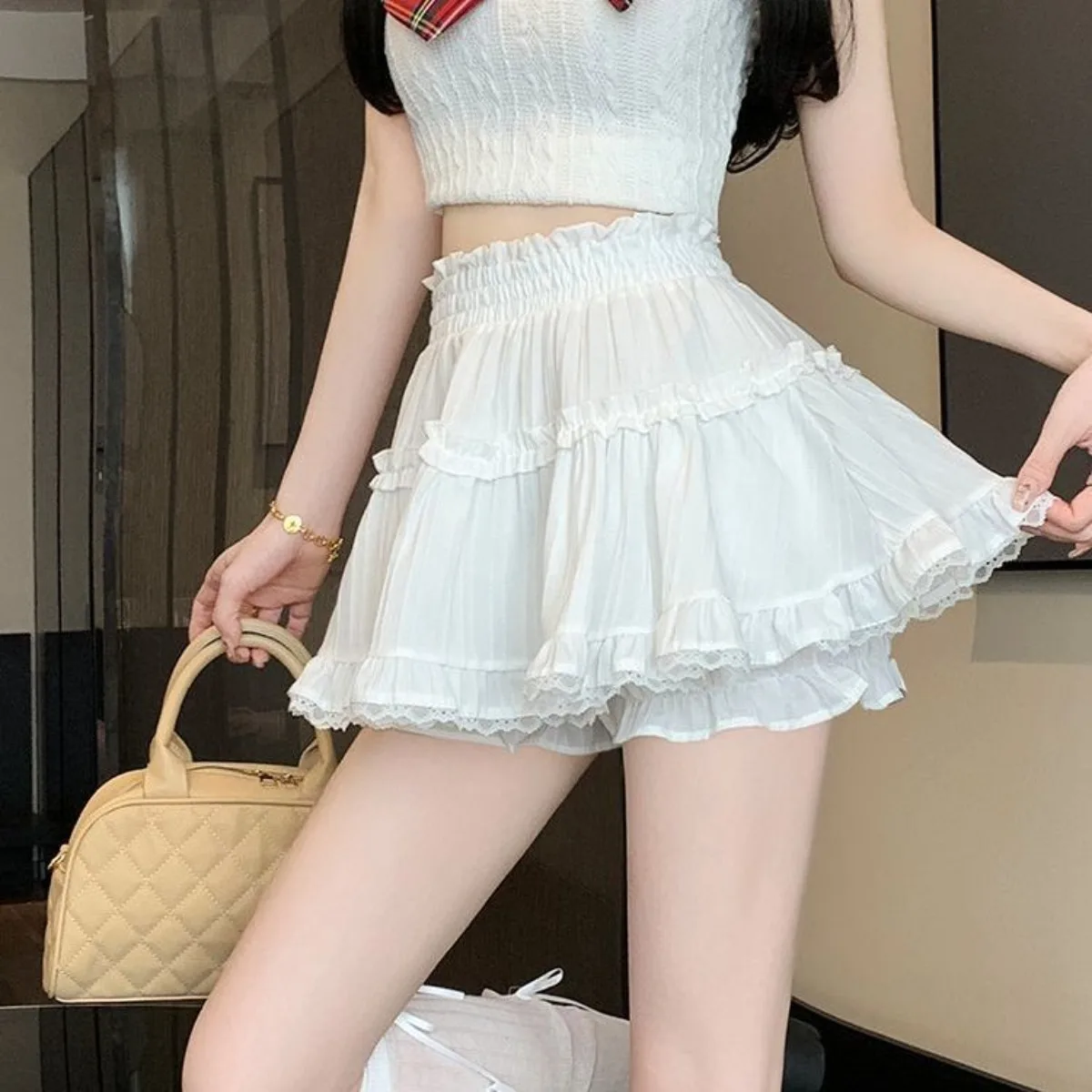White Tiered Puff Skirt Pants - High Waist Lace Trim A-Line Shorts, Sexy Fluffy Culottes with Anti-Peep Design Layered Skirt