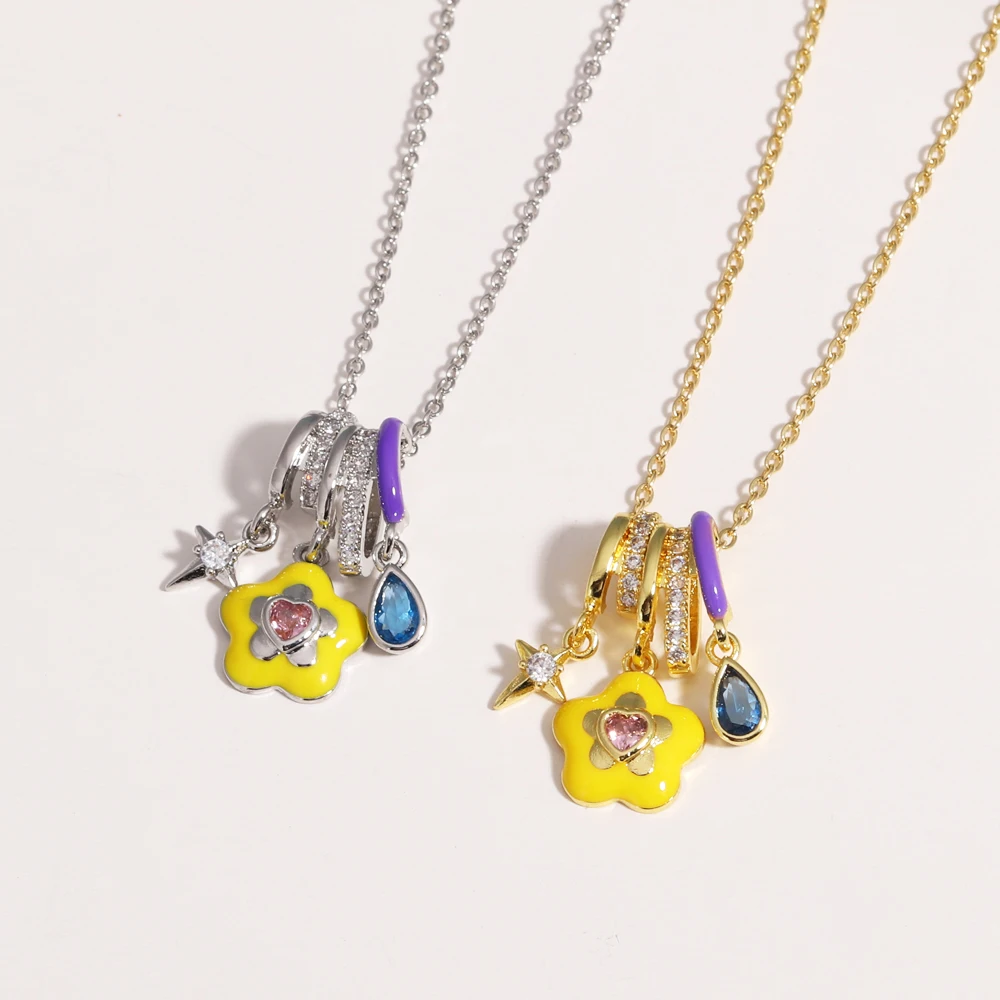 Waterproof Stainless Steel Colorful Flower Zircon Ice Cream Pendant Necklace For Women Simple Elegant Enamel Jewelry Wholesale
