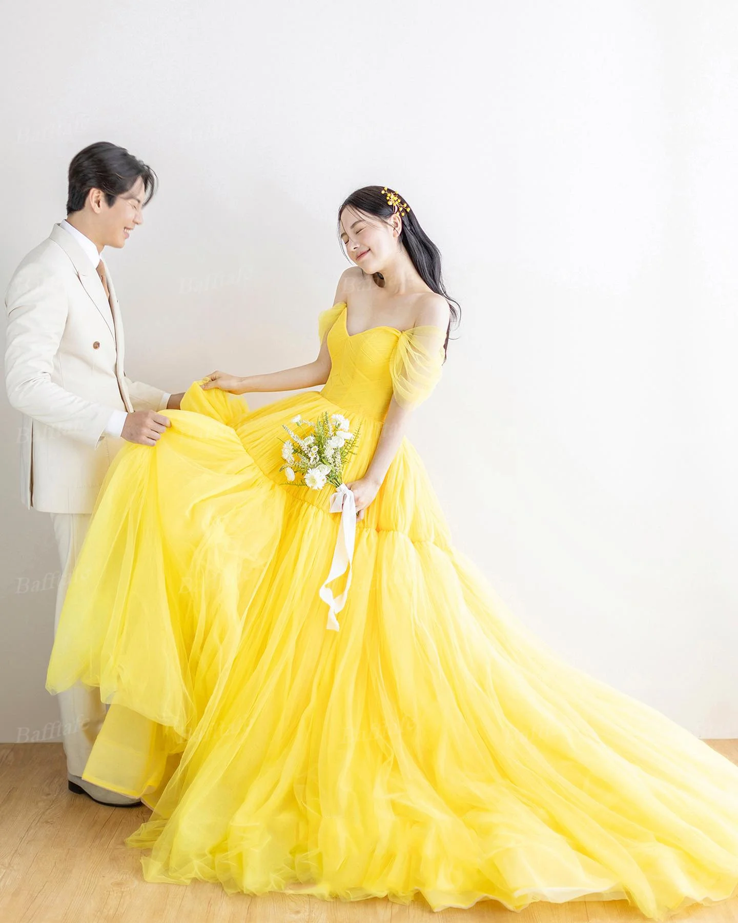 Bafftafe-Robe de Bal en Tulle Jaune pour Femme, Tenue de Soirée Formelle, Photographie de Mariage