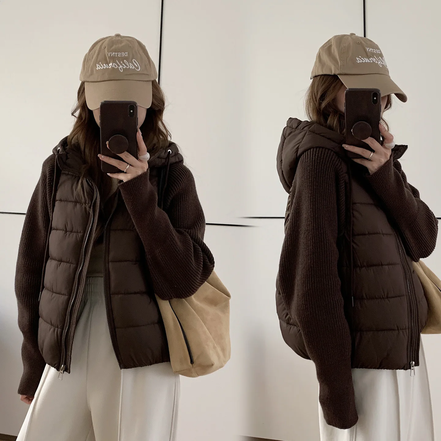 Women Knitted Spliced Parkas Coats Hooded Short Jacket Solid Zip Long Sleeve Straight Thin Office Lady Casual 2025 Autumn Winter