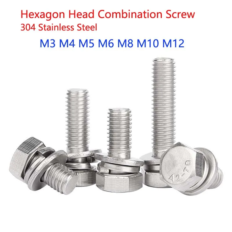 304 Stainless Steel External Hexagon Triple-Combination Flat-Head Hexagon Screw Flat Washer Spring Gasket Assemble Bolt M3~ M12