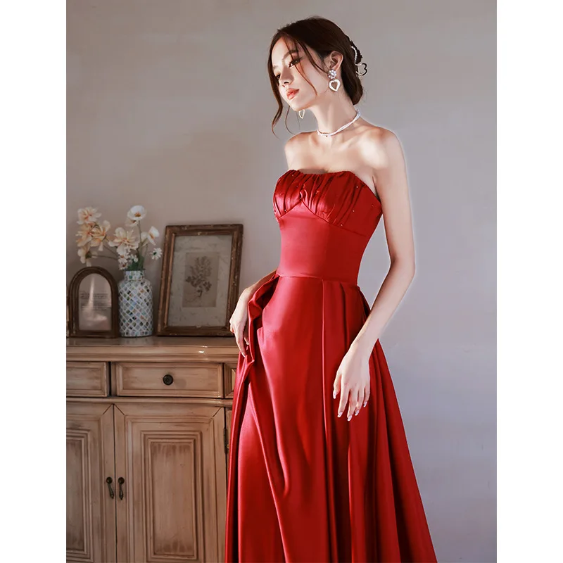 Wine Red Strapless Beading Satin Evening Dress Sexy Luxurious Pleated A-line Ball Gown 2024 New Elegant backless Women's Gown