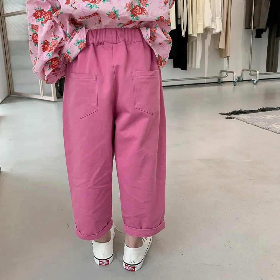 2022 Spring New Style Gril Trousers Rose Red Loose Cropped Pants Trendy Elastic Waist Straight Leg For Korean Kids Gril Clothes