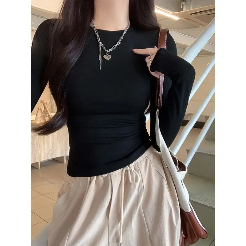 Women Fitted Ruched Waist Long Sleeve Tee Slim Y2K Sexy Basic Brushed Fabric Layering Crop Top