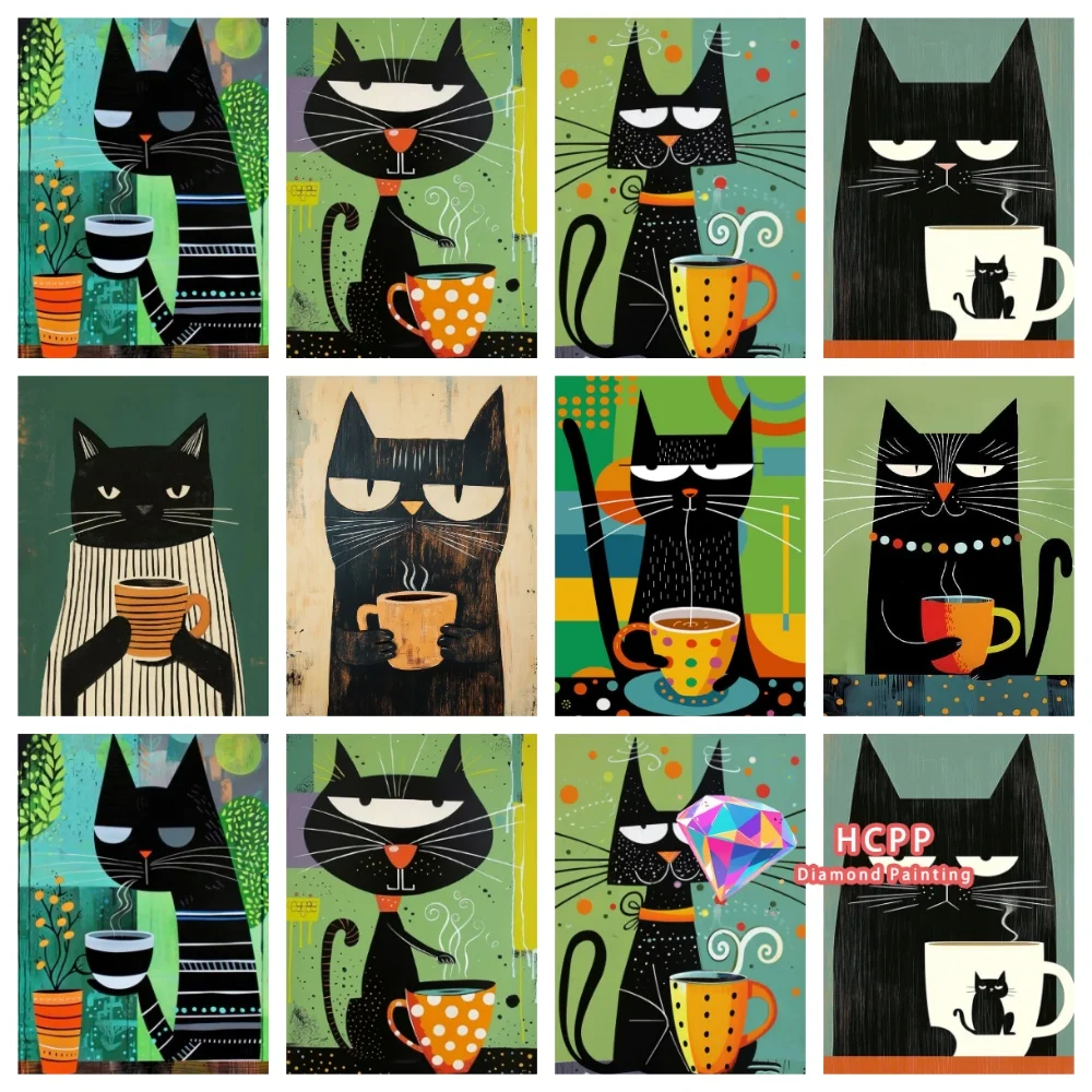 Verspieltes Schwarzes Katzen-Kaffee-Diamant-Malset, quadratische und runde 5D-Diamanten, DIY Cartoon-Katzen-Mosaik, handgemachtes Kunstgeschenk, Heimdekoration