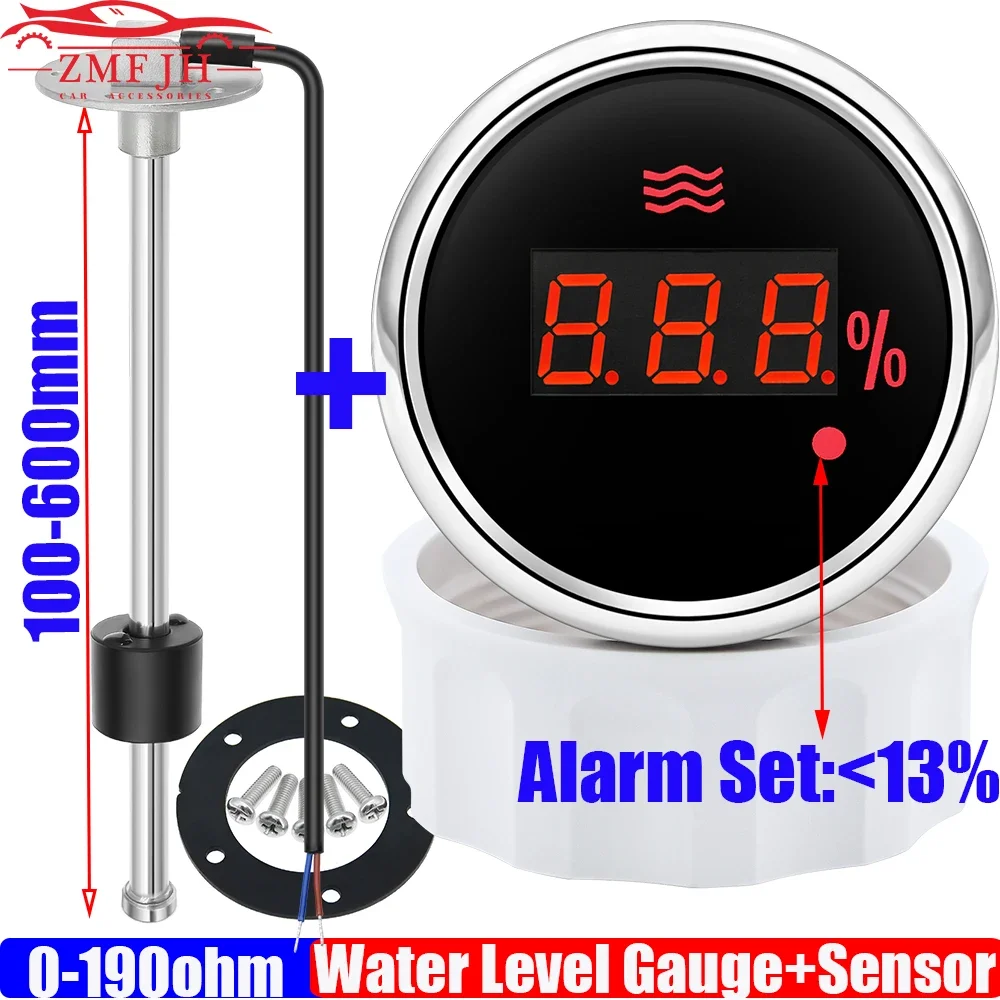 Red Light Digital 52mm Water Level Gauge With Alarm 0-190 Ohm Water Tank Indicator Meter Marine Water Level Sensor 12V24V Custom