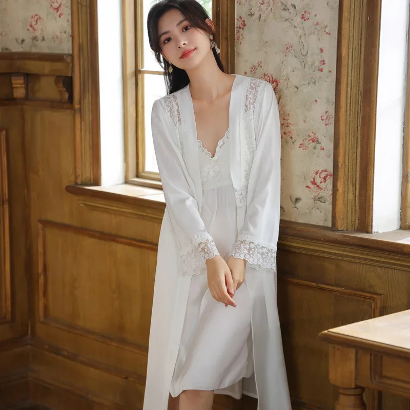 

White Embroider Lace Long Sleeve Sexy Nighty Sleepwear Women Fairy Satin Robe And Nightgown Princess Nightwear Ice Silk Robe Set