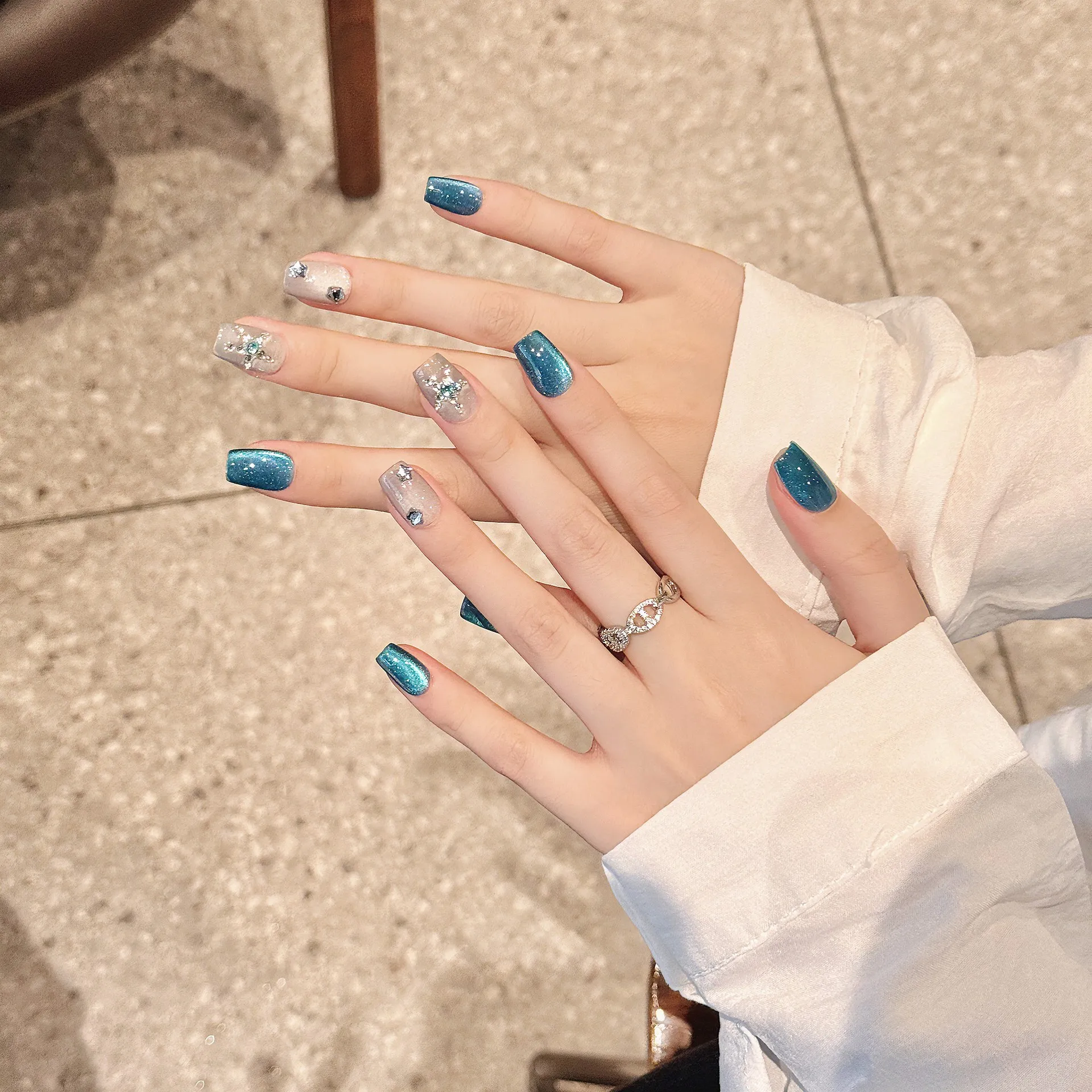 手作りのフェイクネイル,ラインストーン,プレス,氷,透明,青,キャッツアイ,スター,取り外し可能,光沢,ショート,着用可能