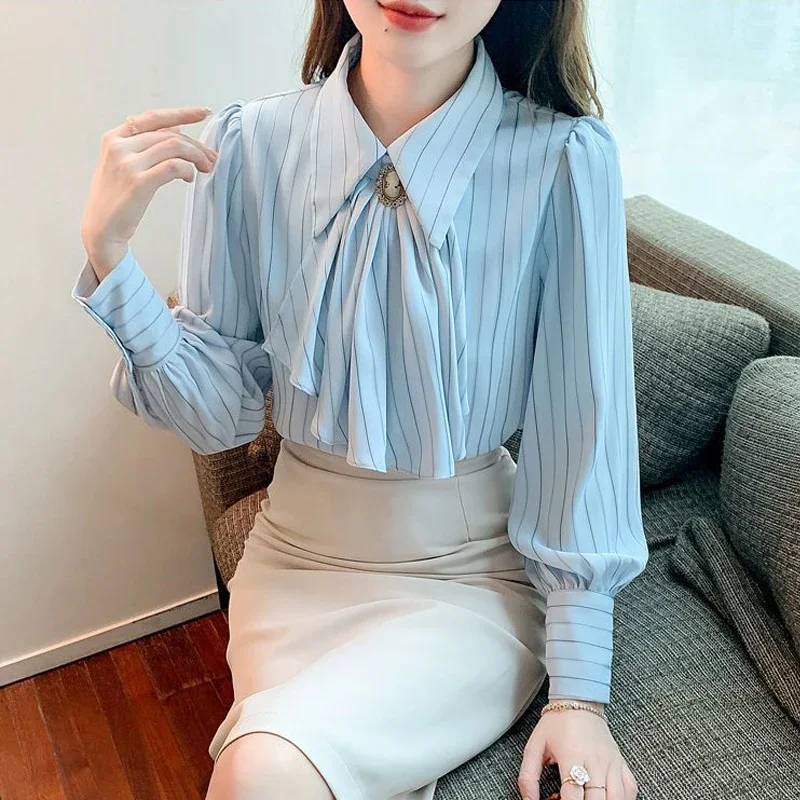 Spring Autumn Women's Korean Fashion Vintage Striped Print Shirt Office Lady Business Casual Elegant Blouse Bow Long Sleeve Tops