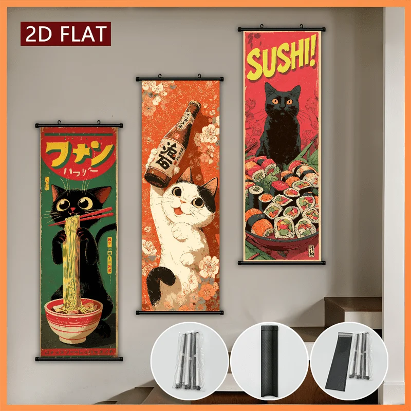 VIKAMA Cute Cat Japanese Food Scroll Tapestry Retro Ukiyo e Vertical Wall Hanging Decorative Backdrop Home Decor