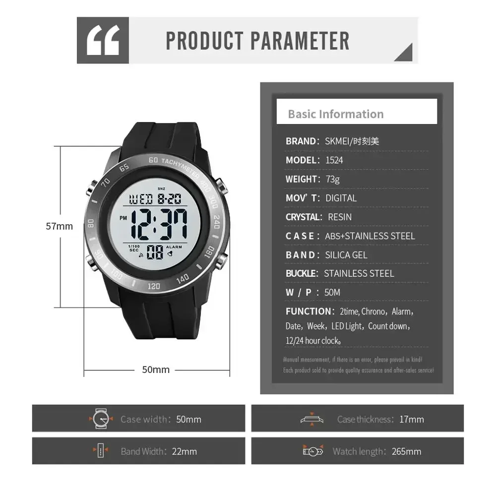 SKMEI 1524 jam tangan Digital LED 2 kali, jam tangan olahraga pria, jam tangan LED Digital, anti air, Chrono, hitung mundur, pria, montre homme, tombol besar