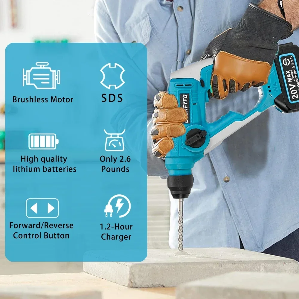 2 in 1 10mm Brushless Electric Hammer 21V Cordless Hammer Drill Multifunctional Steel Concrete Wood for 18V Makita Battery