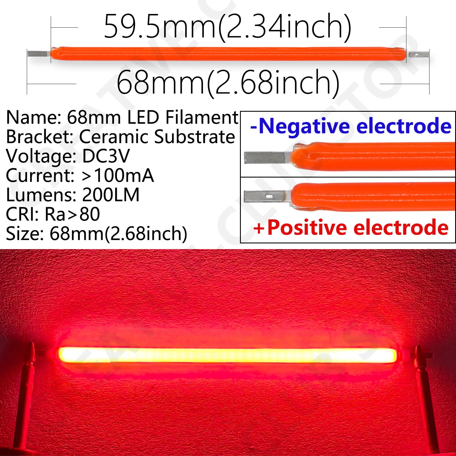 68mm 10pcs DC3V COB LED Filament Edison Bulb Parts Lamp Incandescent Light Accessories Red Green Blue 2200K 2700K 6500K for DIY