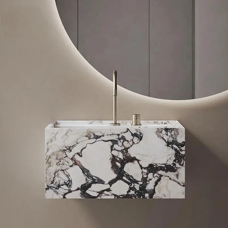 حوض ذو حافة ضيقة مثبت على الحائط: حوض زينة من الحجر الفاخر العميق، خزانة حمام سفلية مضادة للرذاذ مع سطح طاولة بلاطة #2